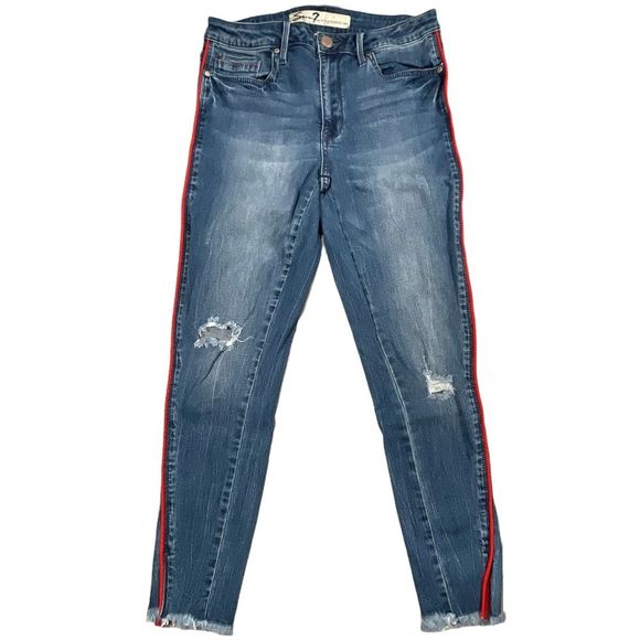 Seven7 size 10 mid rise ankle distressed skinny jeans with red stripes down legs - Picture 5 of 16
